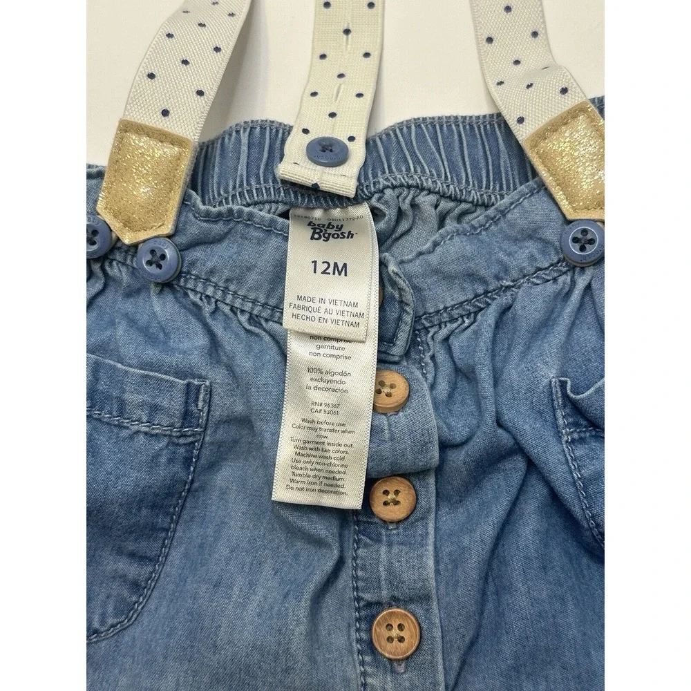 Oshkosh B'gosh Girl Denim Skirt W/ Rose Gold Accented Polka Dot‎ Suspenders 12M